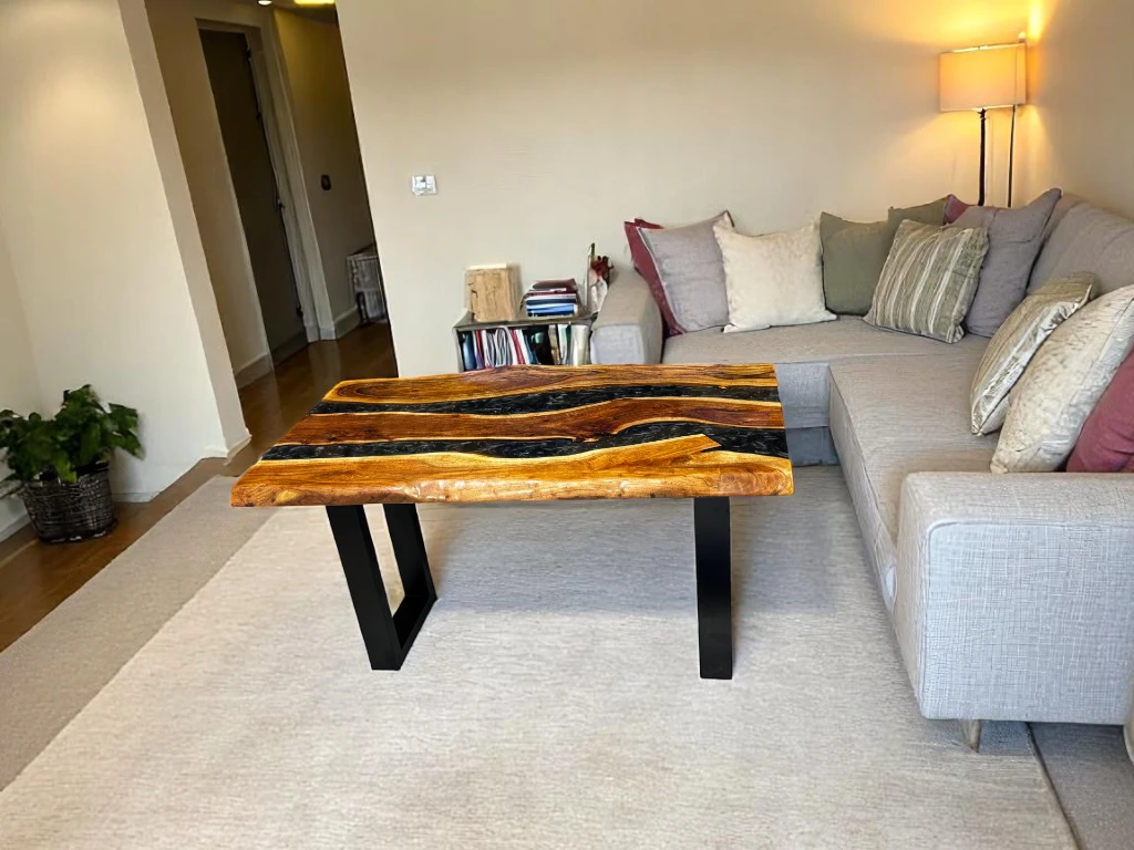 Live Edge Epoxy Dining Table Black with Metal Legs